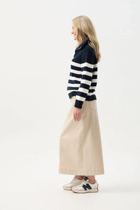 Goondiwindi Cotton Stripe Zip Jumper in Navy/Winter White 8209