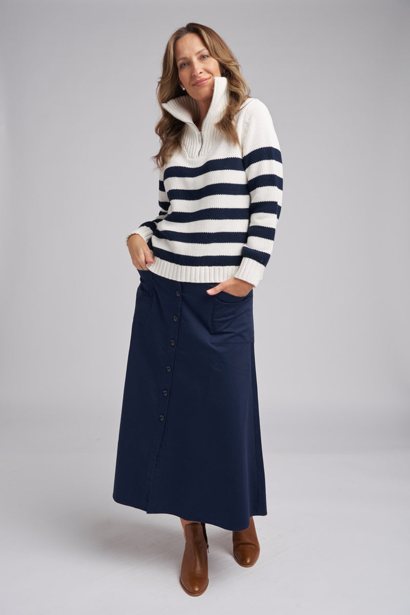 Goondiwindi Cotton Stripe Zip Jumper in Winter White / Navy 8209