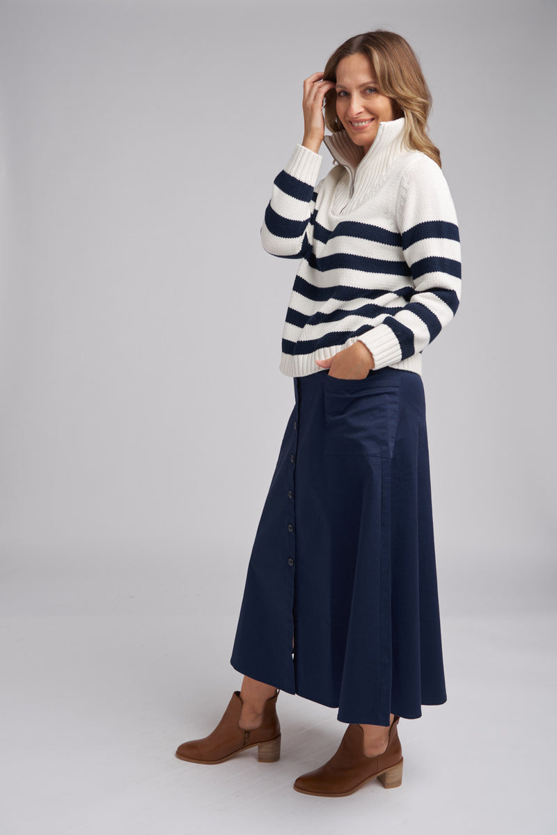 Goondiwindi Cotton Stripe Zip Jumper in Winter White / Navy 8209