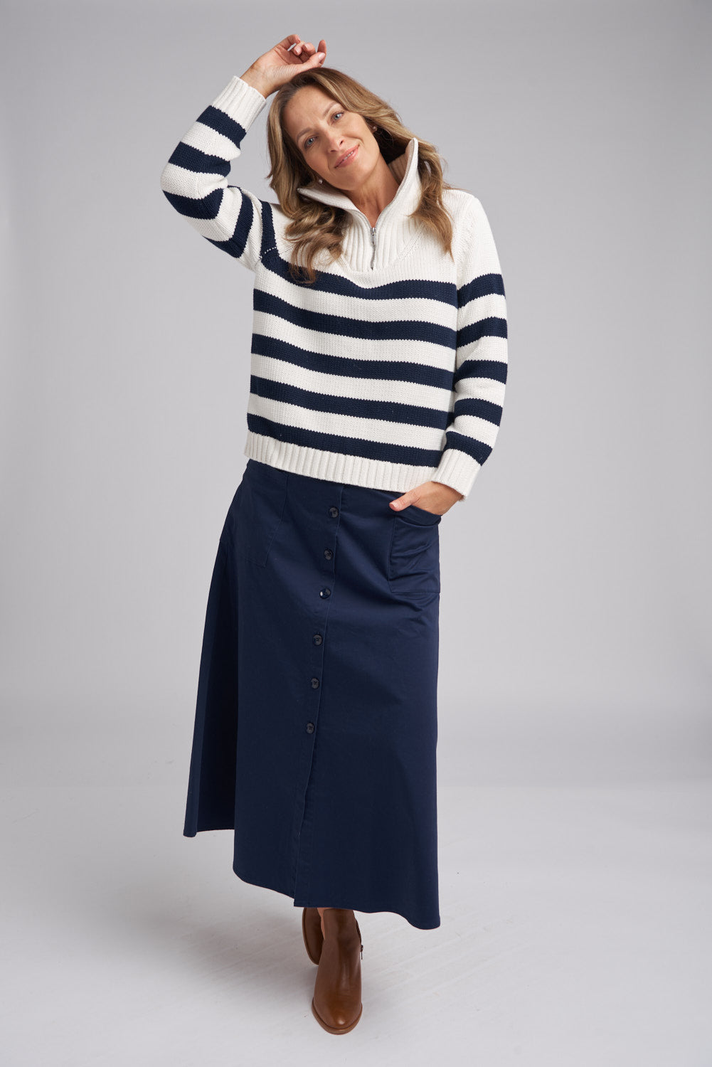 Goondiwindi Cotton Stripe Zip Jumper in Winter White / Navy 8209