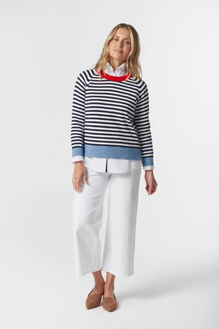 Goondiwindi Cotton Farmer Cotton Cashmere Jumper in Navy/Laser White 8234