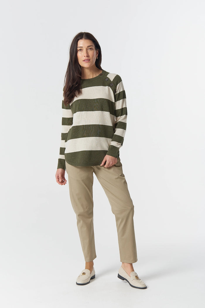 Goondiwindi Cotton The Yards Merino Cotton Jumper in Covert Green/Cream 8237M