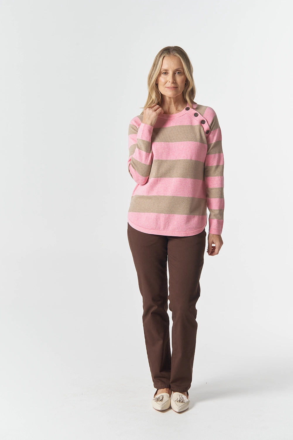Goondiwindi Cotton The Yards Merino Cotton Jumper in Fondant Pink/Oatmeal 8237M
