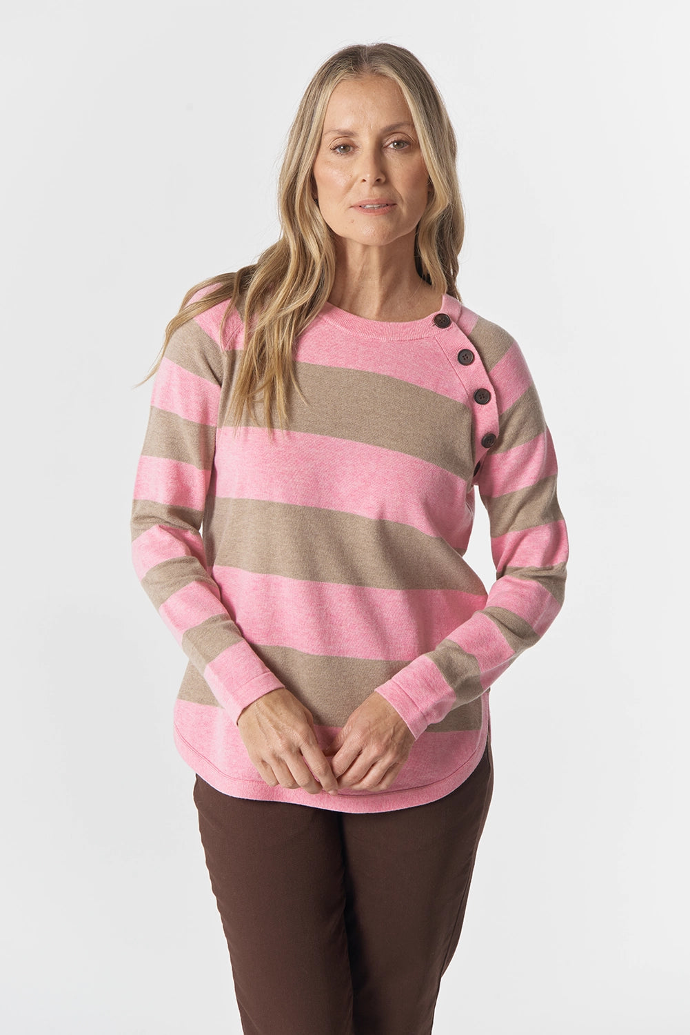 Goondiwindi Cotton The Yards Merino Cotton Jumper in Fondant Pink/Oatmeal 8237M