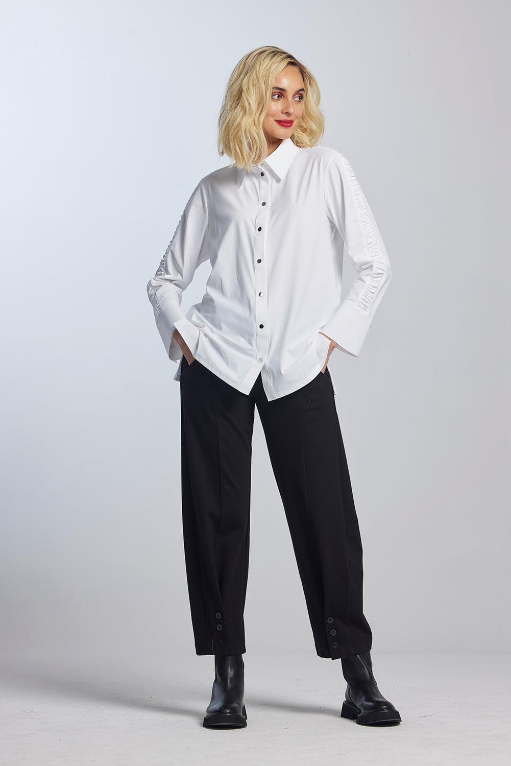 Paula Ryan Rouched Sleeve Shirt in Microjersey 8826