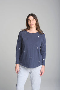 Goondiwindi Cotton Cross Full Embroidered L.S Tee in Parisian Blue/White C1357-46