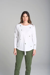 Goondiwindi Cotton Cross Full Embroidered L.S Tee in White/Parisian Blue C1357-46