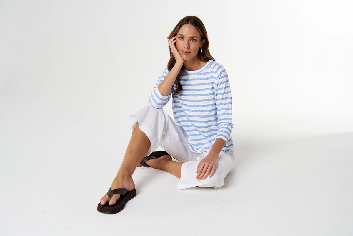Goondiwindi Cotton Repeat Offender 3/4 Sleeve Tee in White/Skyway Blue C1387-26