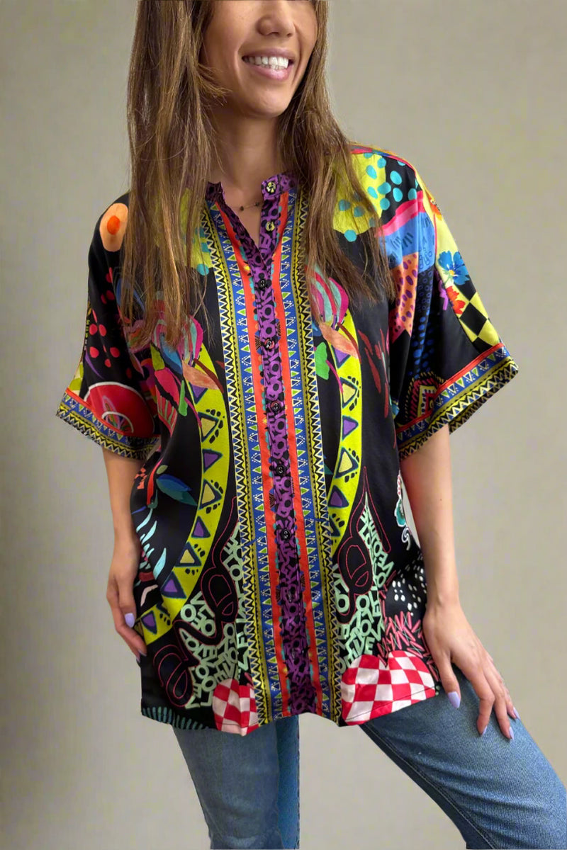 Johnny Was The Audrey Short Sleeve Mandarin Collar Tunic - Jenny Black C25825-4 - Pre-Order June Delivery