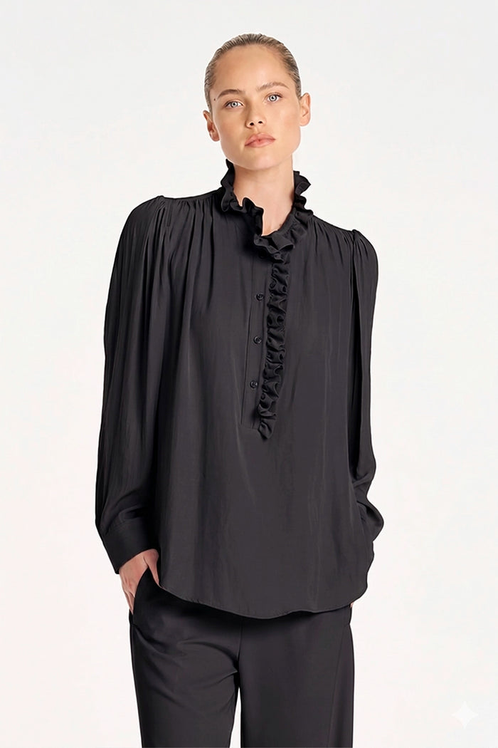 Mela Purdie Rufflet Blouse in Black F67 80027 - Pre-Order July Delivery