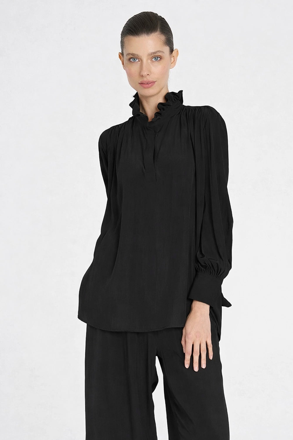 Mela Purdie Frill Neck Blouse In Black F67 8919 - Pre-Order March Delivery