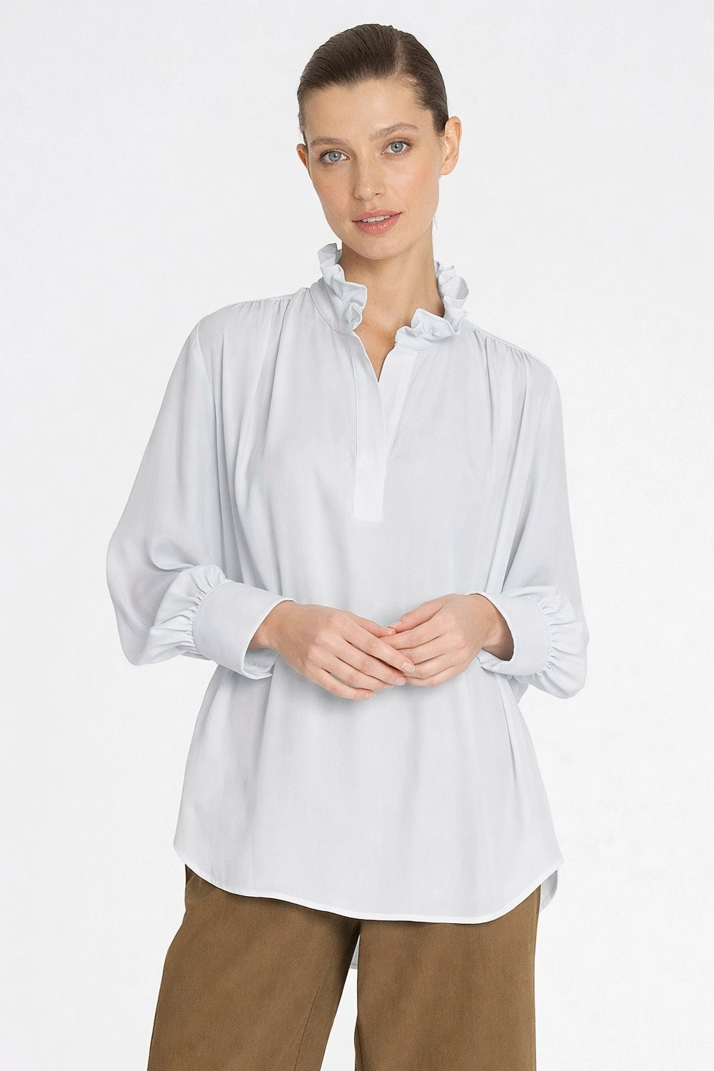 Mela Purdie Frill Neck Blouse In Oyster F67 8919 - Pre-Order March Delivery