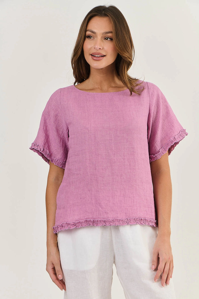 Naturals by O & J Linen Top with Ruffled Hems in Fig GA312