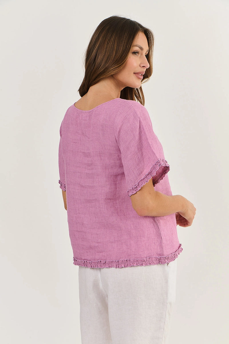 Naturals by O & J Linen Top with Ruffled Hems in Fig GA312