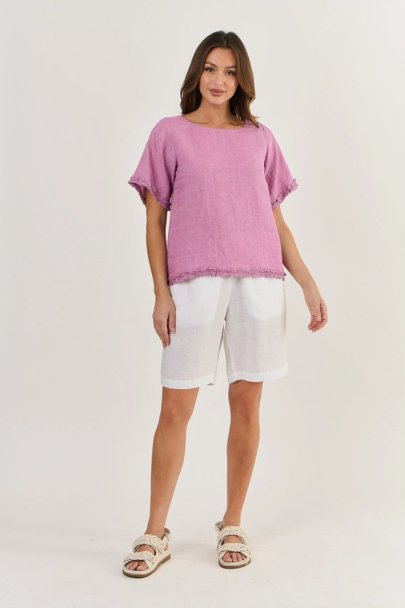 Naturals by O & J Linen Top with Ruffled Hems in Fig GA312