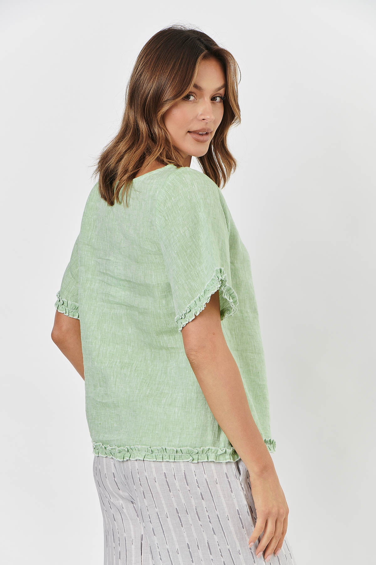 Naturals by O & J Linen Top with Ruffled Hems GA312