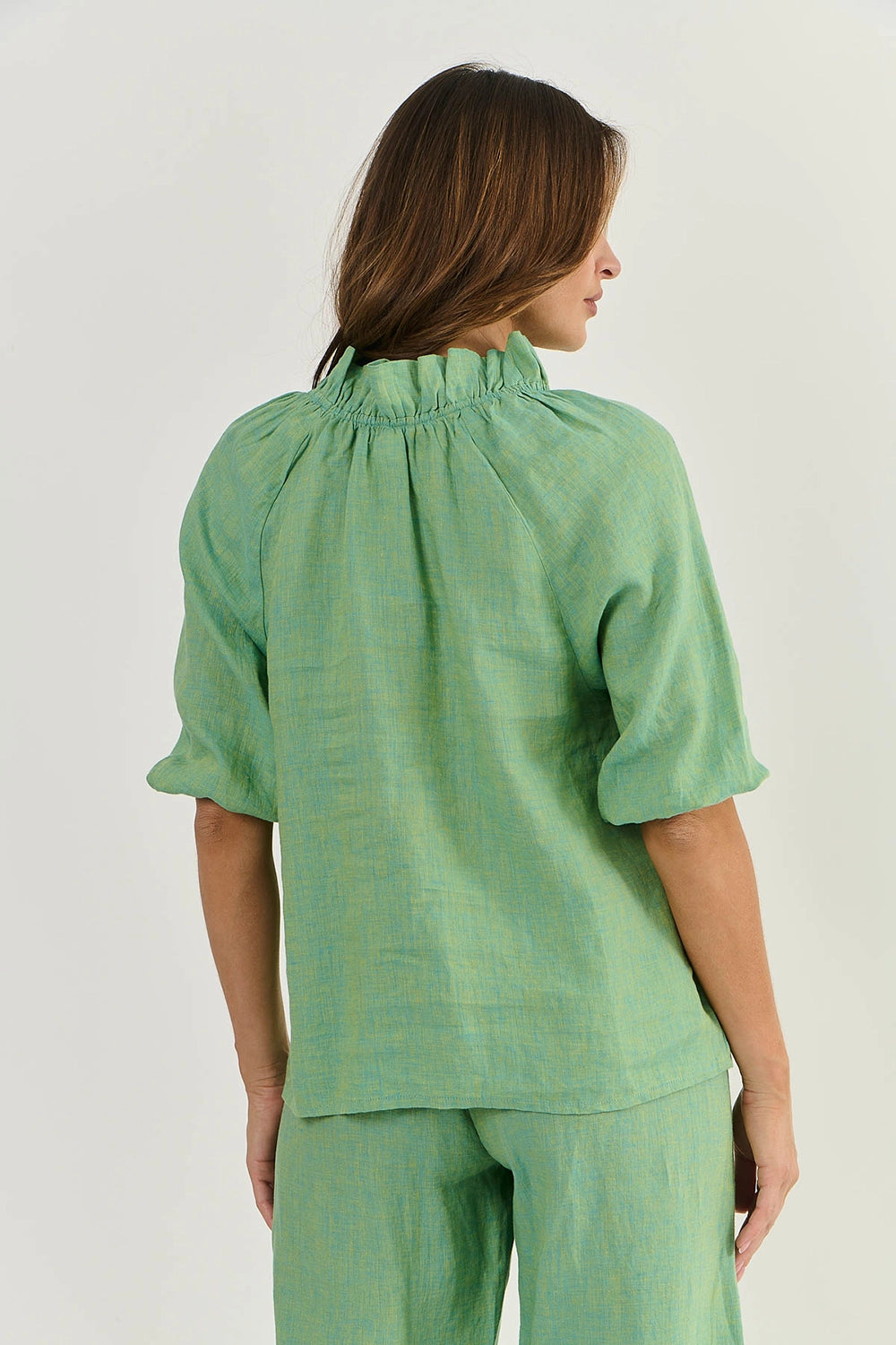 Naturals by O & J Linen Top with Rouched Neckline in Caterpillar  GA432