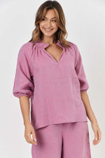 Naturals by O & J LInen Top with Rouched Neckline in Taffy GA432
