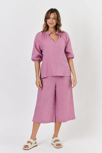 Naturals by O & J LInen Top with Rouched Neckline in Taffy GA432