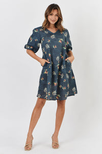 Naturals by O & J Linen Dress With Balloon Sl in Fleur GA449