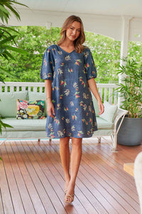 Naturals by O & J Linen Dress With Balloon Sl in Fleur GA449