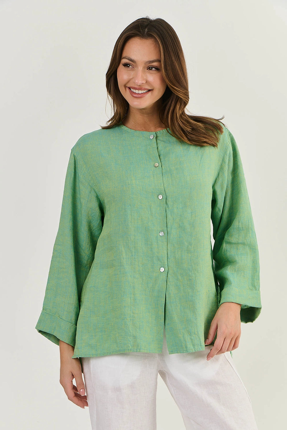 Naturals by O & J Button Through Linen Top in Caterpillar GA510