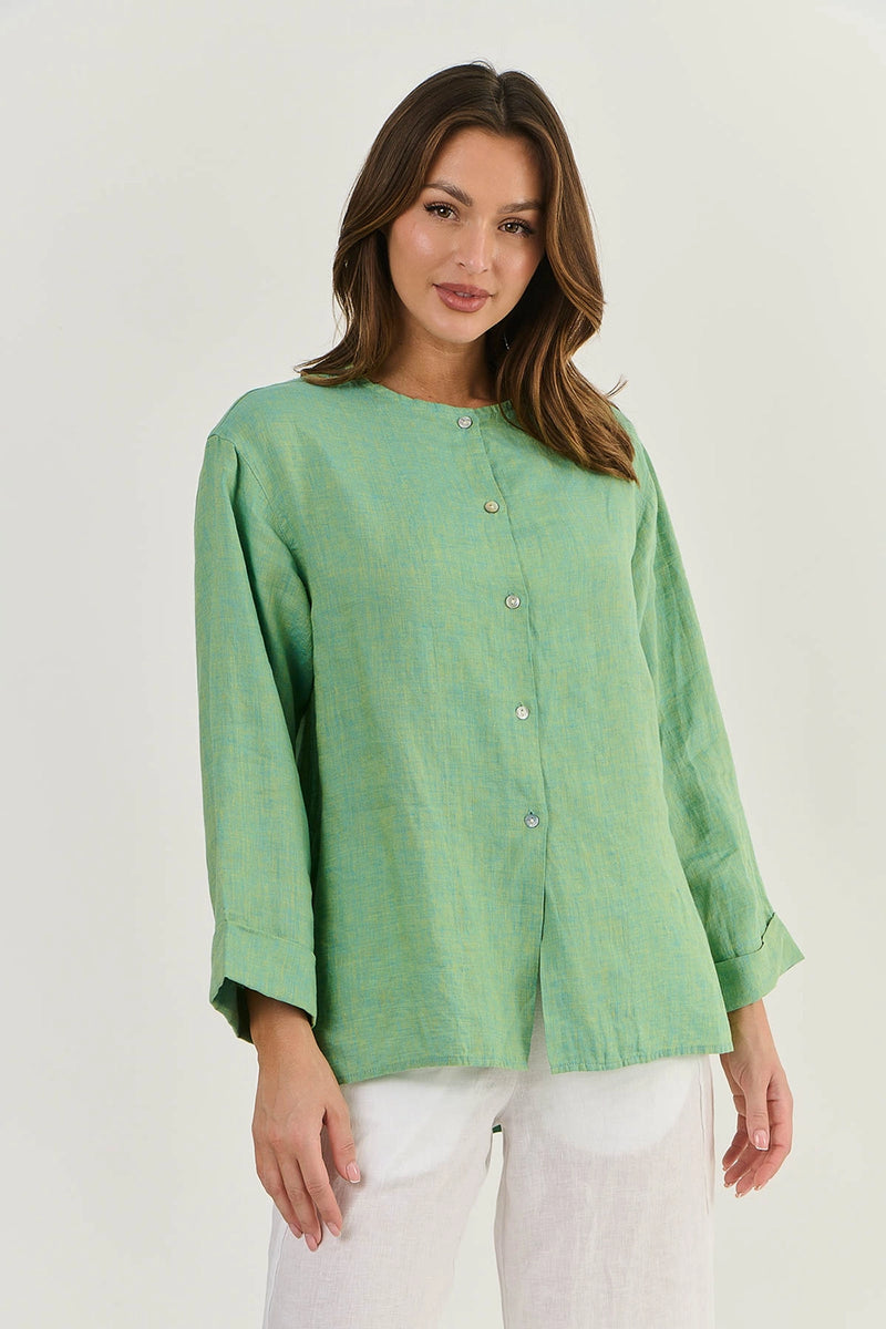 Naturals by O & J Button Through Linen Top in Caterpillar GA510