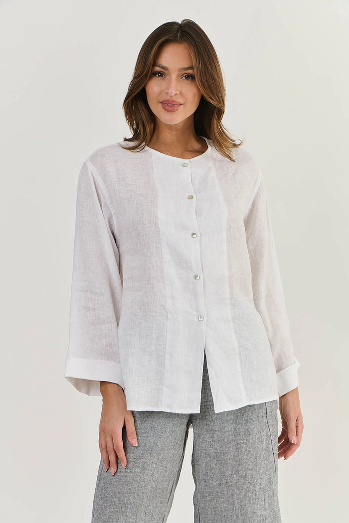 Naturals by O & J Button Through Linen Top in Whisper White GA510