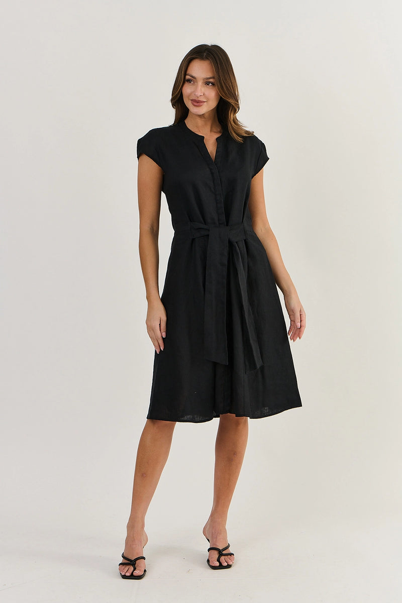 Naturals by O & J Linen Dress with Cap Sleeve in Black Ga521