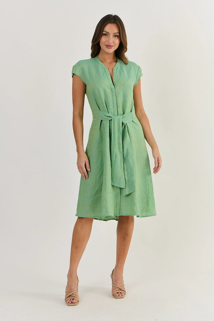 Naturals by O & J Linen Dress with Cap Sleeve in Caterpillar Ga521