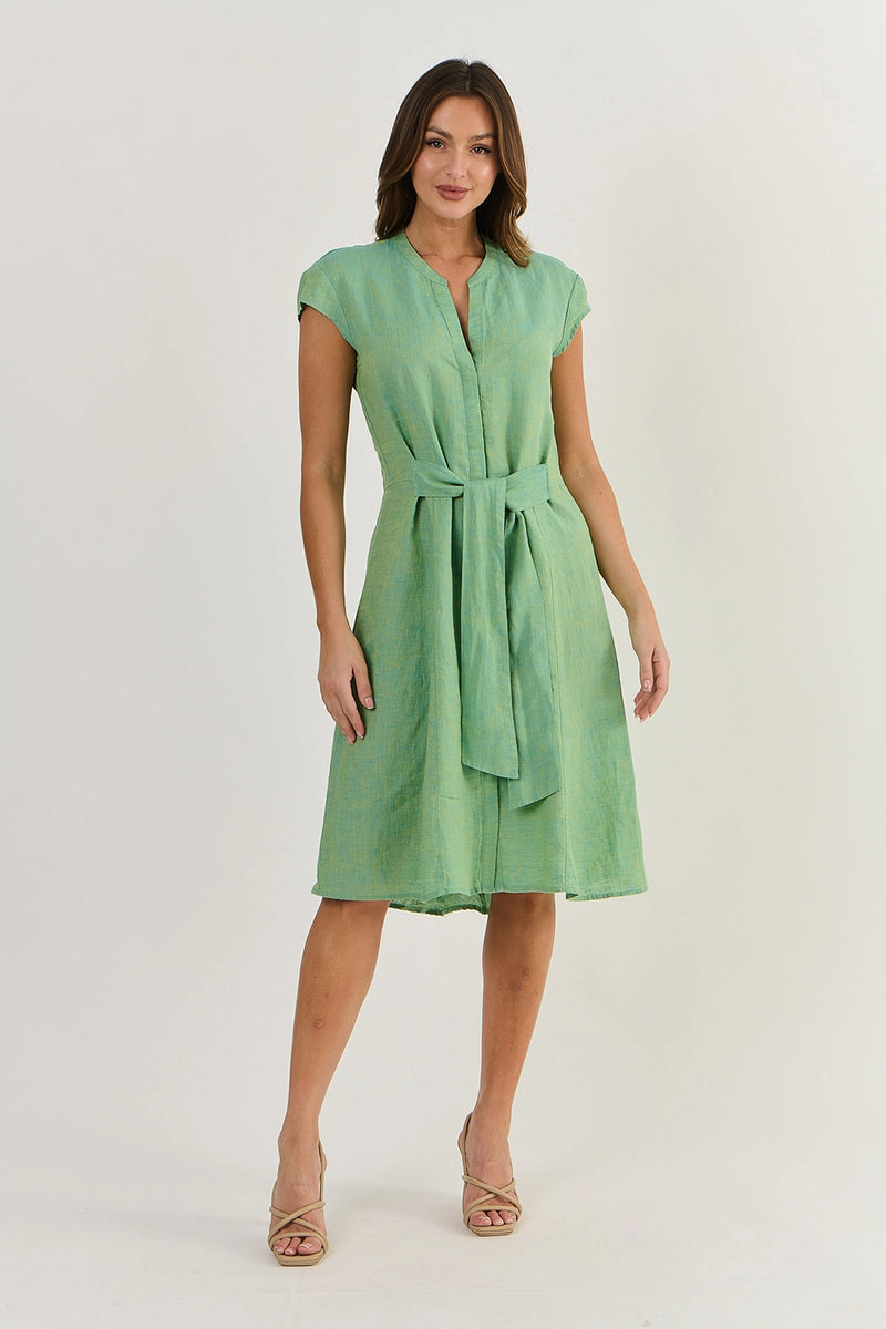 Naturals by O & J Linen Dress with Cap Sleeve in Caterpillar Ga521