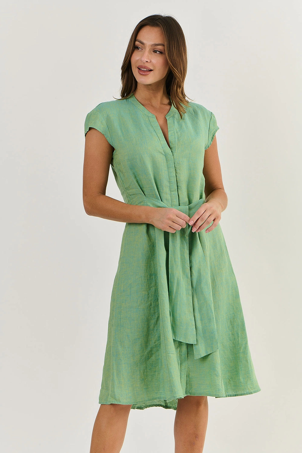 Naturals by O & J Linen Dress with Cap Sleeve in Caterpillar Ga521