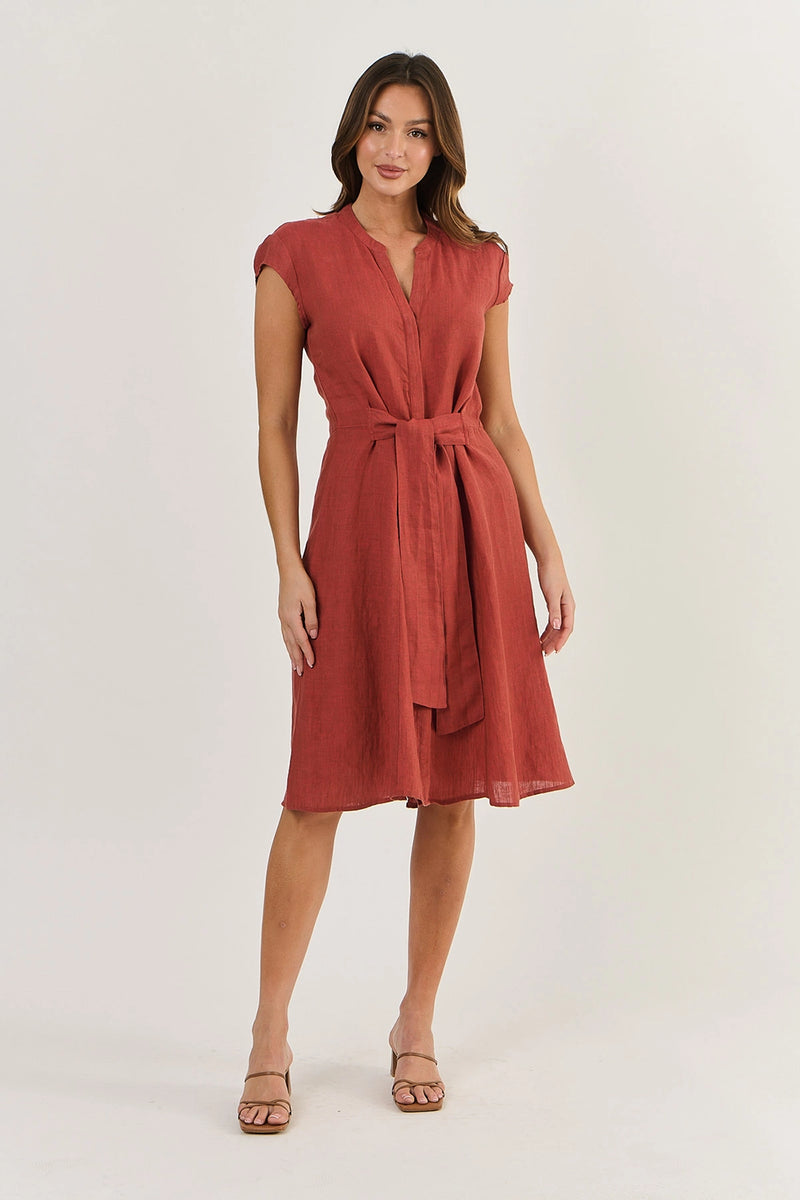 Naturals by O & J Linen Dress with Cap Sleeve in Cedar Ga521