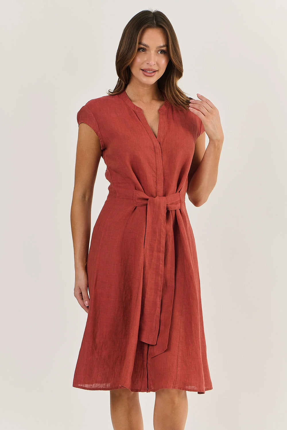 Naturals by O & J Linen Dress with Cap Sleeve in Cedar Ga521