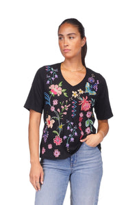 Johnny Was Maureen 3/4 Sleeve Trapunto V-Neck Tee in Black J11425-2