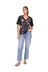Johnny Was Maureen 3/4 Sleeve Trapunto V-Neck Tee in Black J11425-2