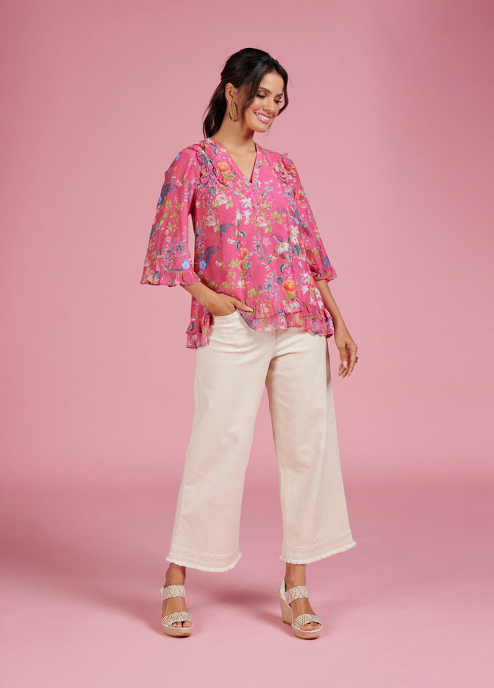 Loobie's Story Florale Top Hot Pink Multi LS2443