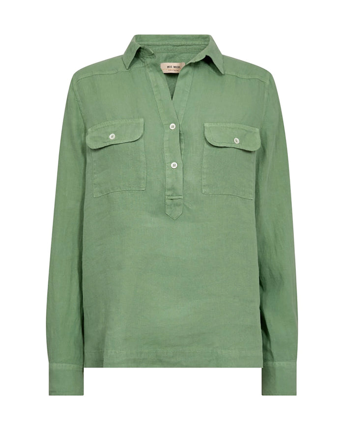 Mos Mosh Enna Linen Pocket Blouse in Turf Green 168430