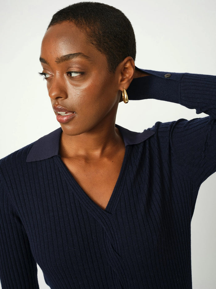 Mos Mosh Relena Rib Polo Knit in Maritime Blue 173080