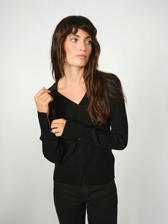 Mos Mosh Relena Rib Polo Knit in Black 173080