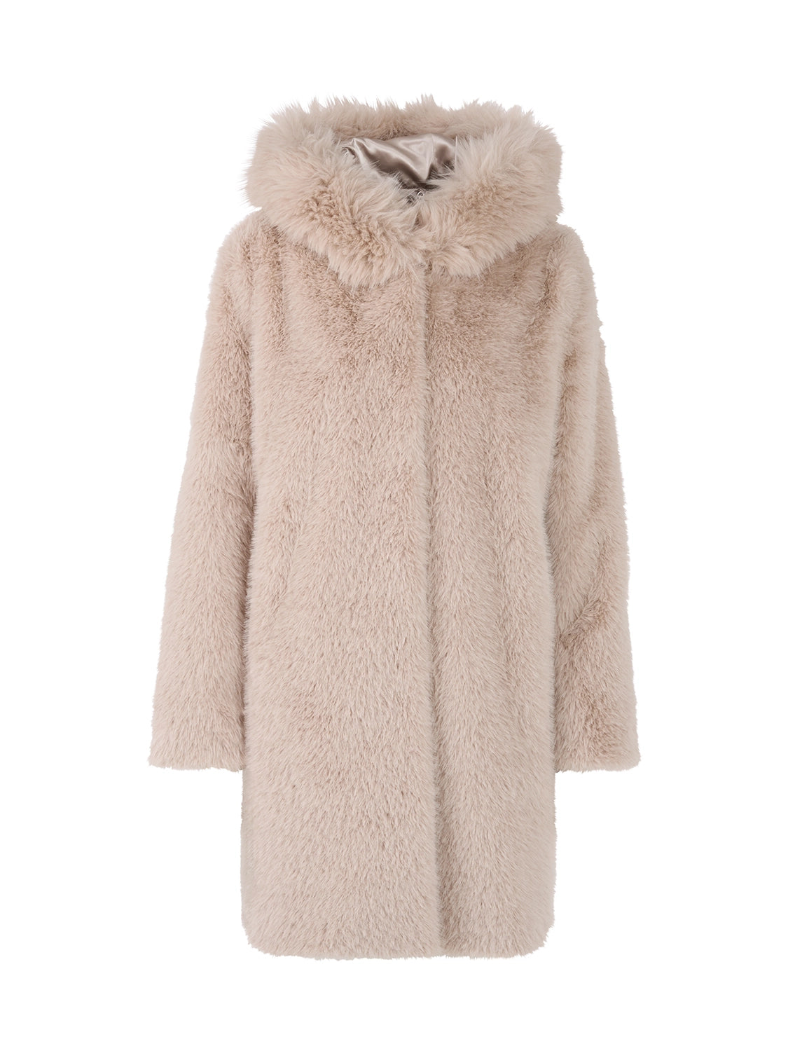 Marc Cain Faux fur coat with hood in Warm Stone ZA 11.06 W87