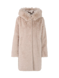 Marc Cain Faux fur coat with hood in Warm Stone ZA 11.06 W87