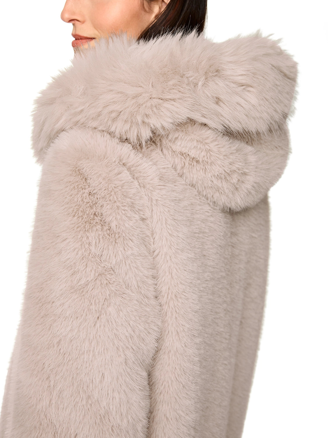 Marc Cain Faux fur coat with hood in Warm Stone ZA 11.06 W87