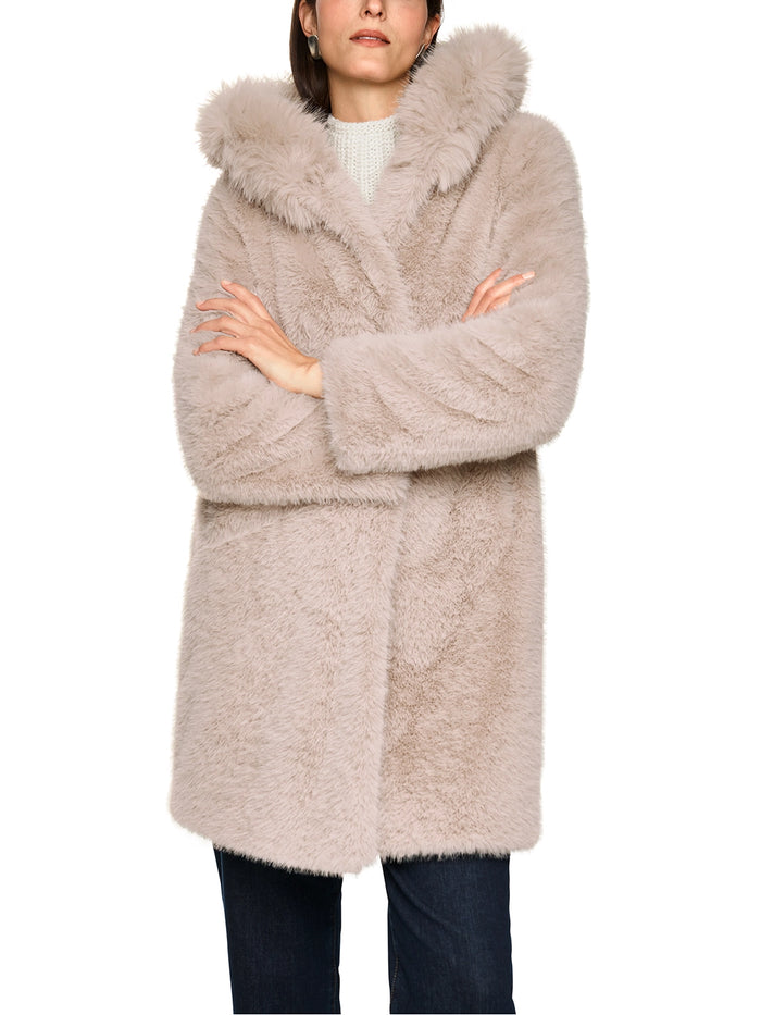 Marc Cain Faux fur coat with hood in Warm Stone ZA 11.06 W87