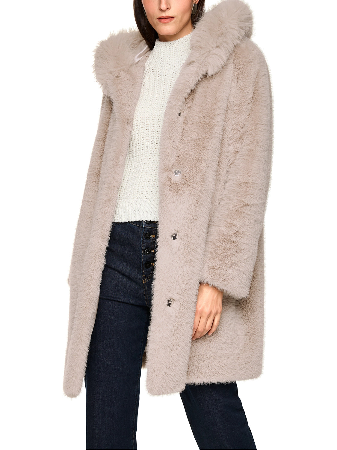 Marc Cain Faux fur coat with hood in Warm Stone ZA 11.06 W87