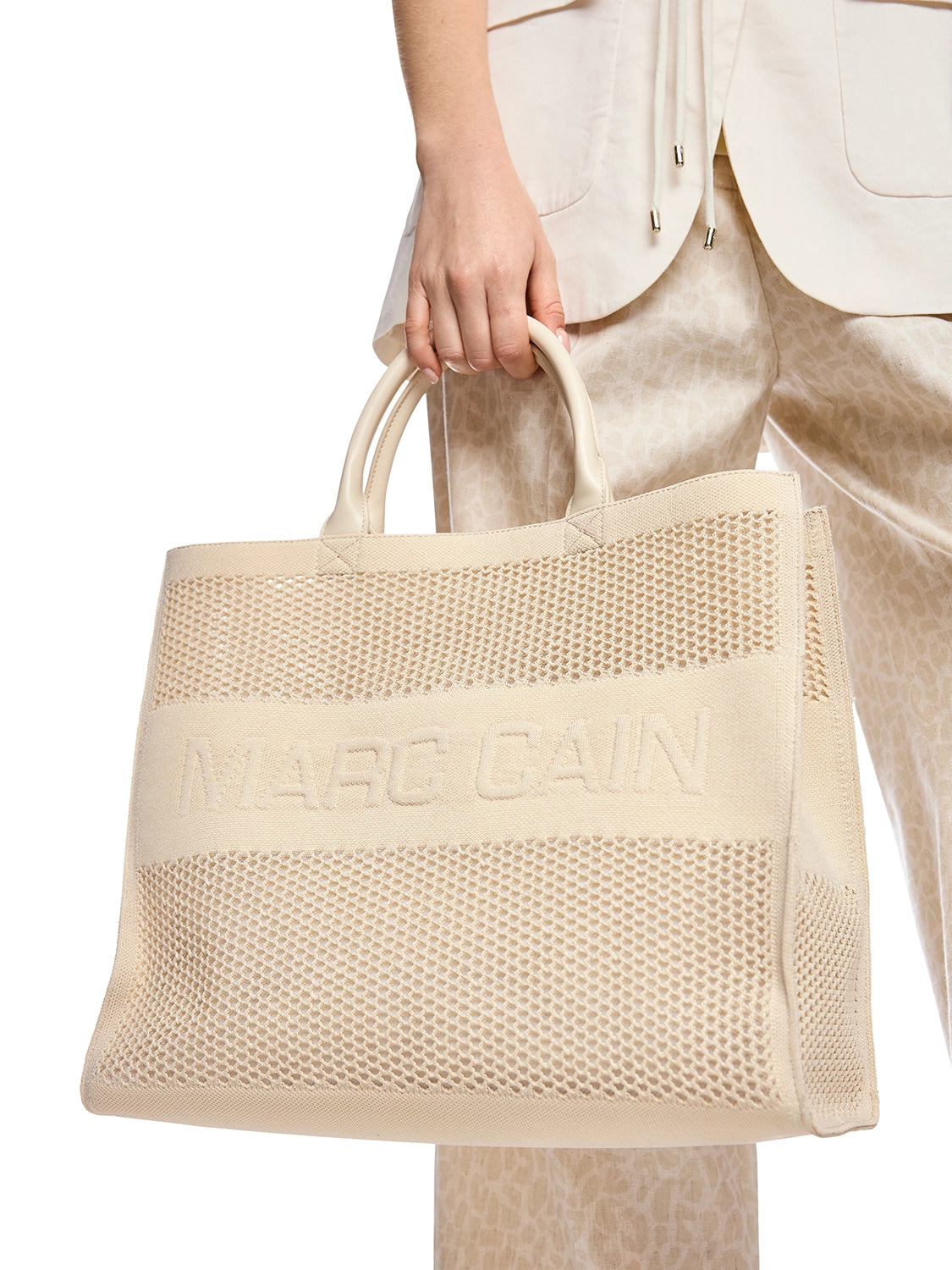 Marc Cain Melange knit shopper with logo in Bright Ecru AC T6.04 M59