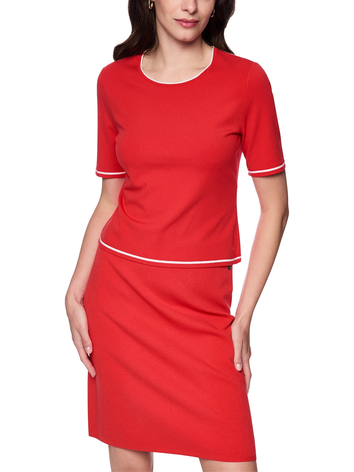 Marc Cain Rethink Together fine knit jumper in Aurora Red AC 41.09 M11 - Pre Order June Delivery
