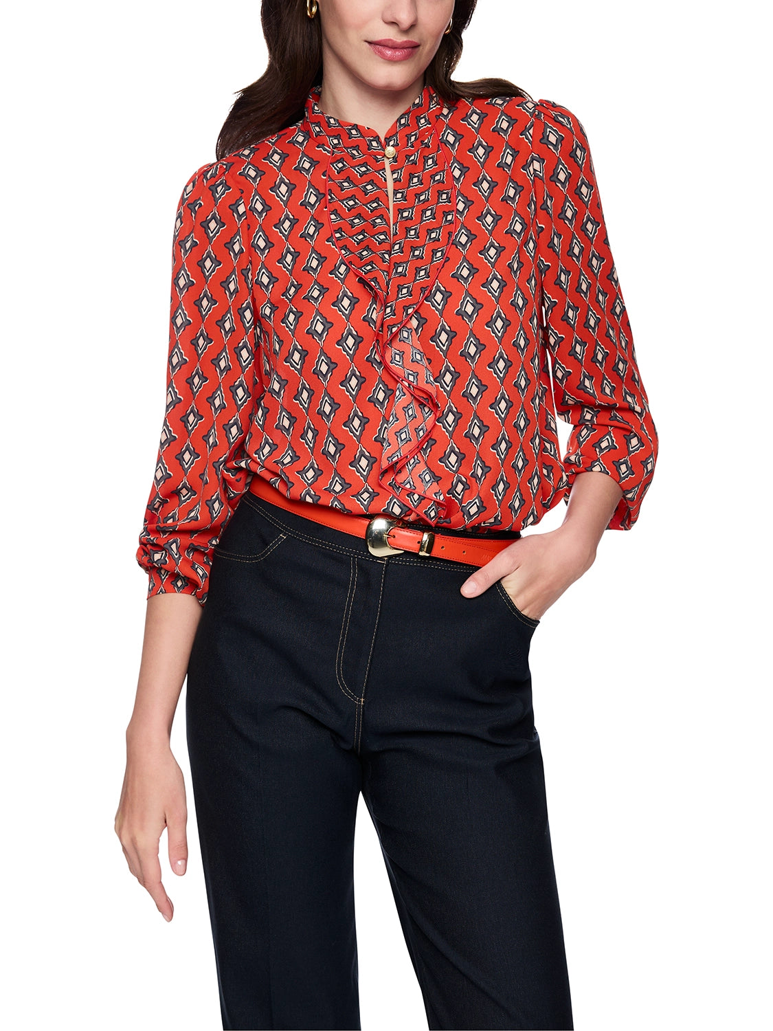 Marc Cain Flowing blouse ‘Rethink Together’ in Aurora Red AC 51.02 W04 - Pre Order June Delivery