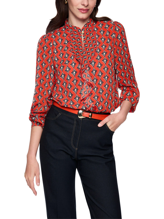 Marc Cain Flowing blouse ‘Rethink Together’ in Aurora Red AC 51.02 W04 - Pre Order June Delivery