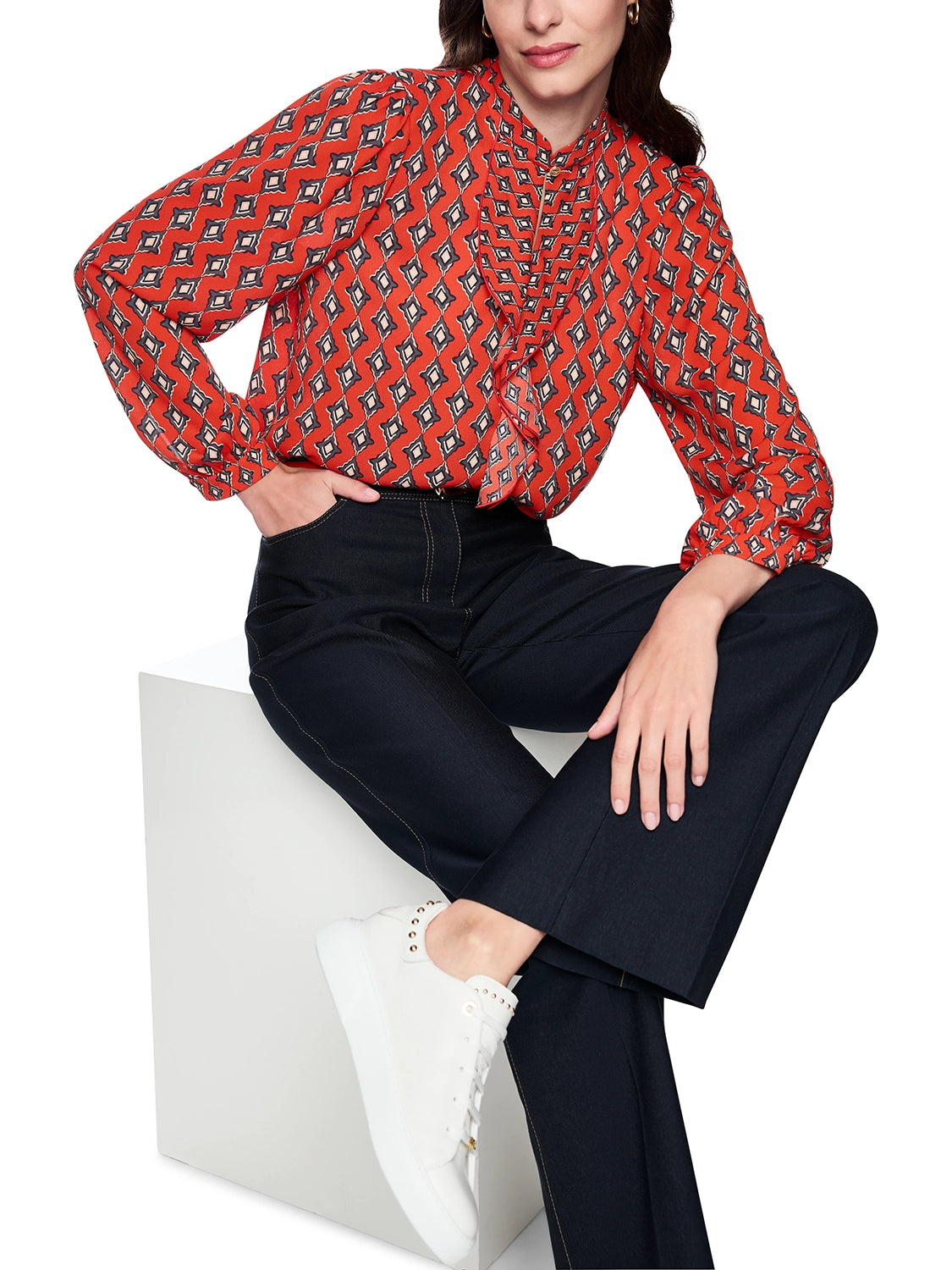 Marc Cain Flowing blouse ‘Rethink Together’ in Aurora Red AC 51.02 W04 - Pre Order June Delivery
